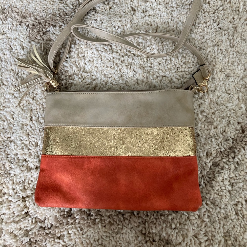 Tan, orange, and gold glitter purse